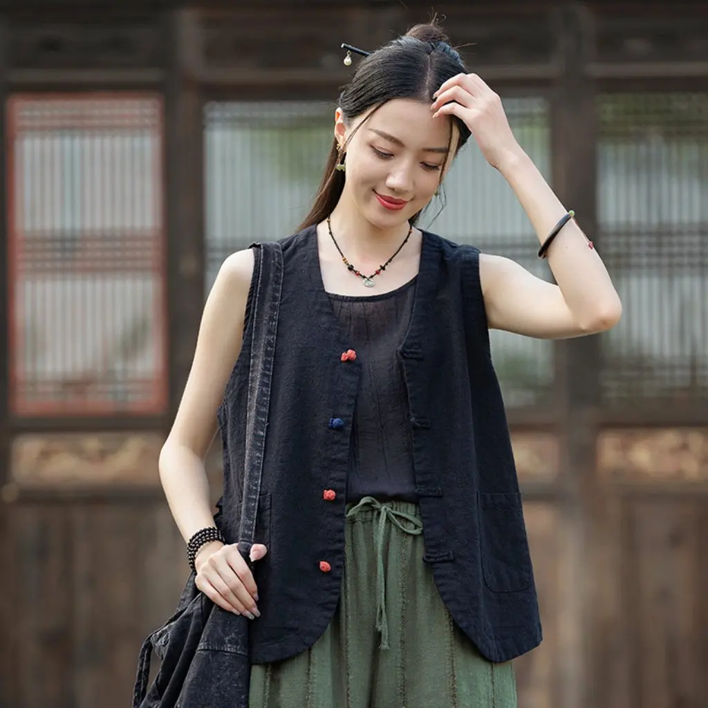 Women's Retro National Style Button Cardigan Cotton Linen Top Vest Waistcoat Autumn New Original Chinese Contrast Color 
Women's Retro National Style Button Cardigan Cotton Linen Top Vest Waistcoat Autumn New Original Chinese Contrast Color