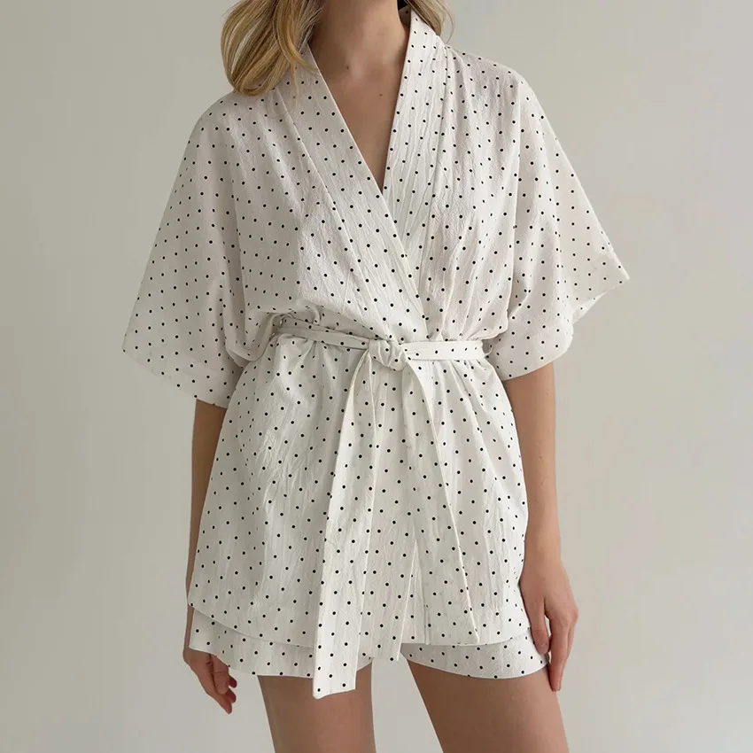 Loose 2 Piece Lounge Outfit Women Summer Pajama Set Polka Dot Short Sleeve Kimono Tops + Elastic Waist Shorts
Loose 2 Piece Lounge Outfit Women Summer Pajama Set Polka Dot Short Sleeve Kimono Tops + Elastic Waist Shorts