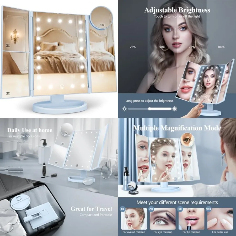 HUONUL Makeup Mirror, Vanity Mirror with Lights, 2X/3X/10X Magnification, Touch Control, Trifold, Dual Power Supply, Birthday G
HUONUL Makeup Mirror, Vanity Mirror with Lights, 2X/3X/10X Magnification, Touch Control, Trifold, Dual Power Supply, Birthday G