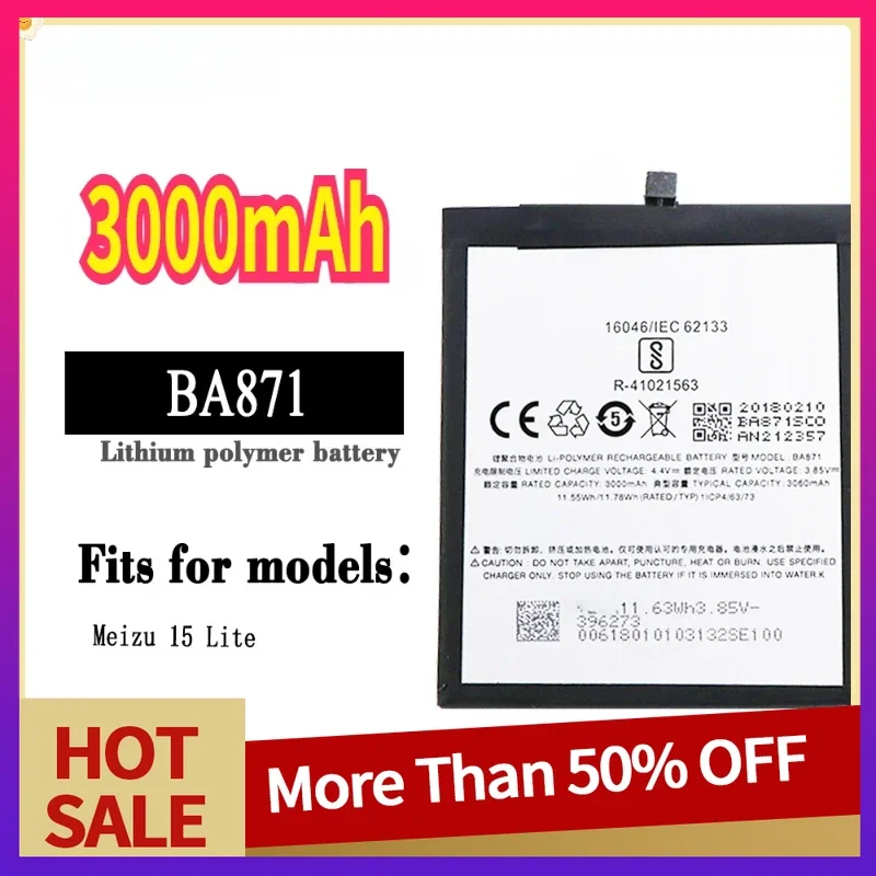 High Quality Replacement Battery for Meizu 15 Lite BA871 3000mAh Mobile Phone Large Capacity New Batteries
High Quality Replacement Battery for Meizu 15 Lite BA871 3000mAh Mobile Phone Large Capacity New Batteries