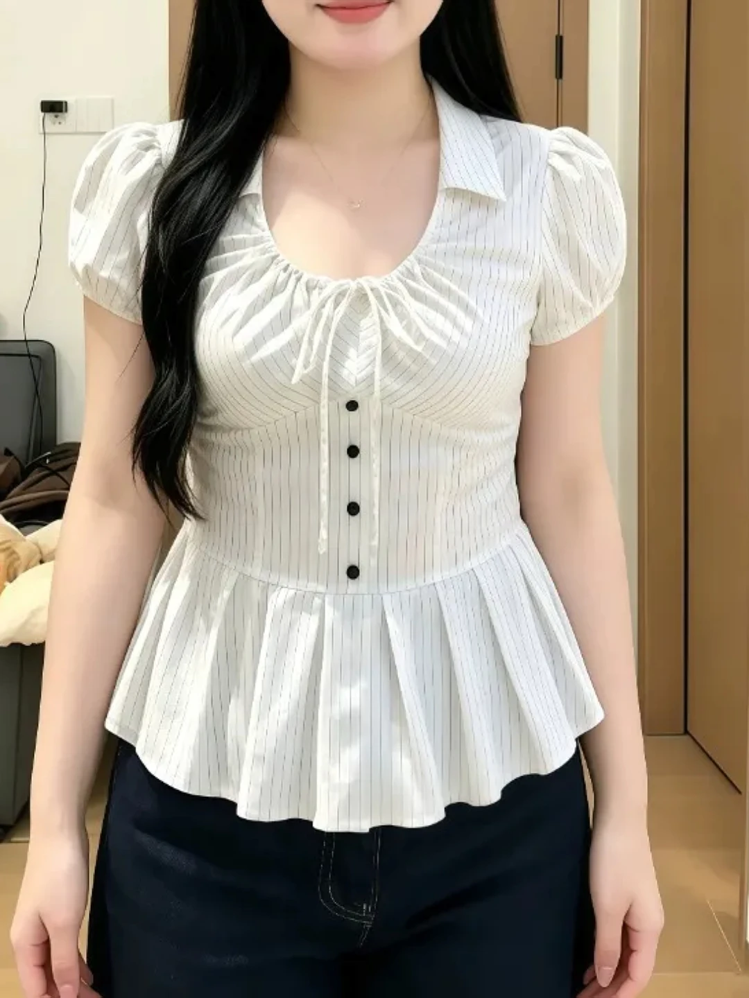 plus Size Women's Striped Bubble Sleeve Shirt Belted Waist Design Summer Short Sleeve Korean Style Commute Breathable Polyester
plus Size Women's Striped Bubble Sleeve Shirt Belted Waist Design Summer Short Sleeve Korean Style Commute Breathable Polyester