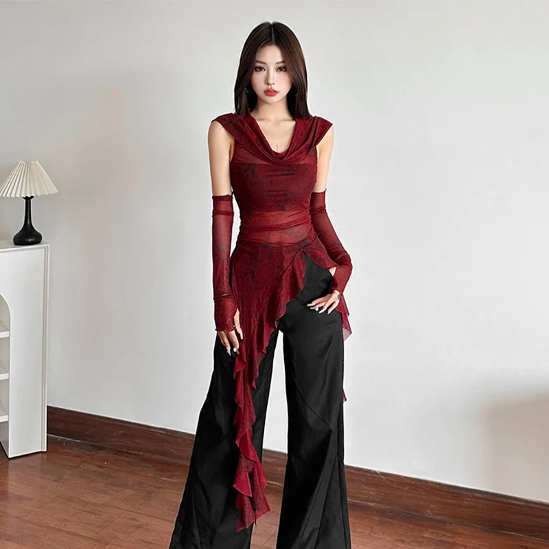 Red Mesh See Through Top Streetwear Hooded T Shirt Irregular Ruffle Oversleeve Tops for Women Sexy Y2K Clothing
Red Mesh See Through Top Streetwear Hooded T Shirt Irregular Ruffle Oversleeve Tops for Women Sexy Y2K Clothing