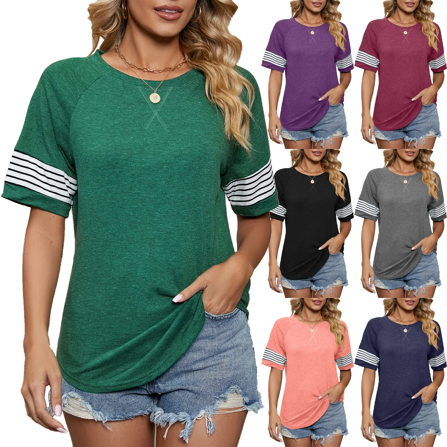 Women's Shirt Summer New Striped Splicing Loose Round Neck Short-sleeved T-shirt Tops Female
Women's Shirt Summer New Striped Splicing Loose Round Neck Short-sleeved T-shirt Tops Female