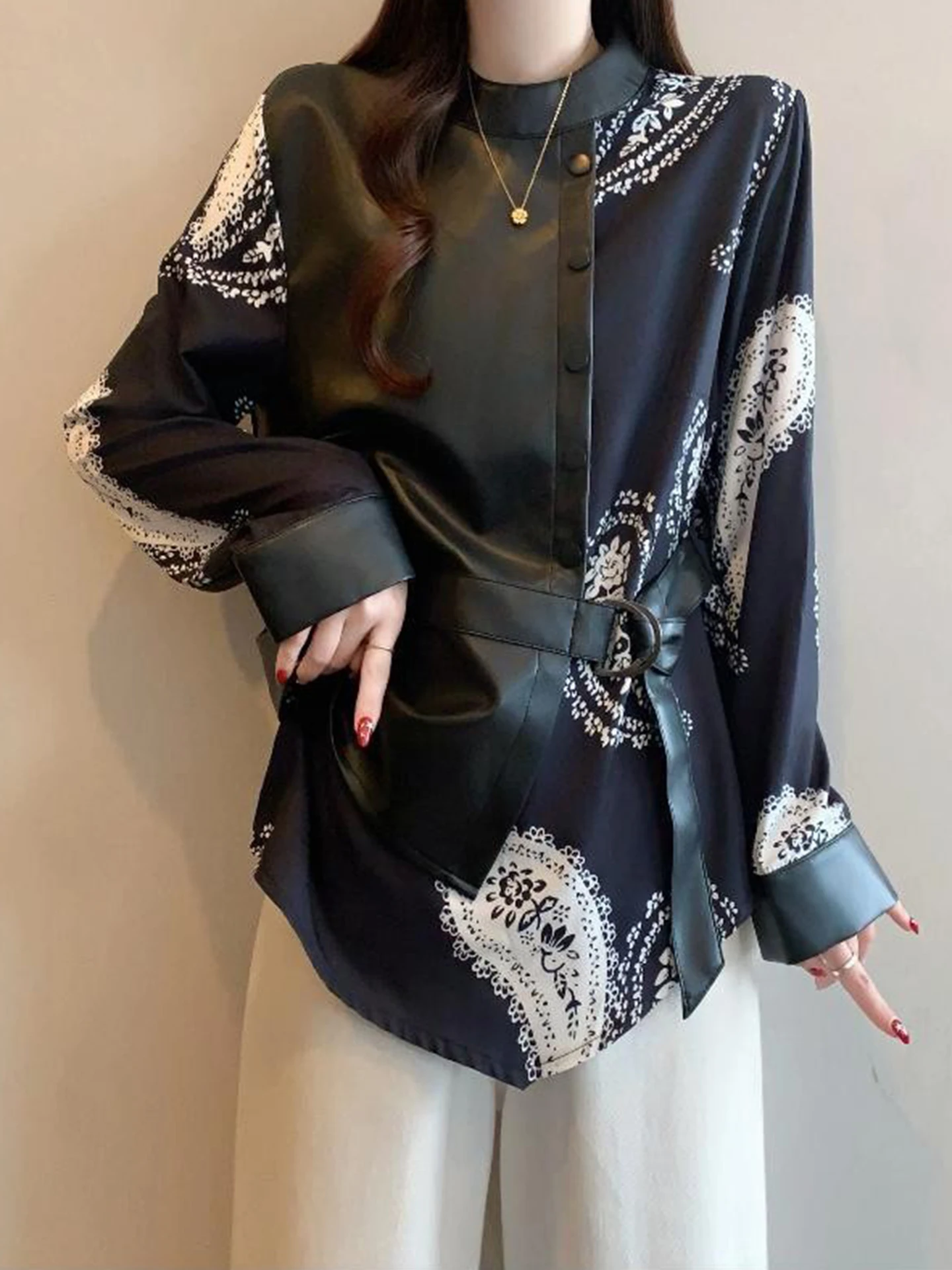 Faionable Patchwork Leather Surface irt Spring Large Size Women's plus Size Design Sense Asymmetrical Belted Waist irt
Faionable Patchwork Leather Surface irt Spring Large Size Women's plus Size Design Sense Asymmetrical Belted Waist irt