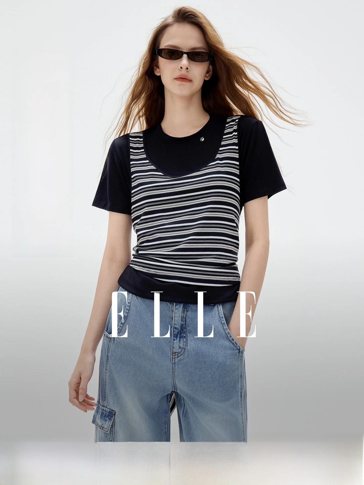 ELLE Stripe Short Sleeve Top Women's Fashionable Fake Two-Piece Design Summer New Arrival Commute Casual round Neck
ELLE Stripe Short Sleeve Top Women's Fashionable Fake Two-Piece Design Summer New Arrival Commute Casual round Neck