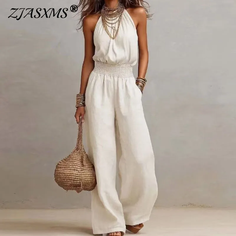 Spring Summer Solid High Waist Woman Jumpsuits Elegant Halter Tie-up Backless Rompers Casual Sleeveless Wide Leg Pocket Overalls
Spring Summer Solid High Waist Woman Jumpsuits Elegant Halter Tie-up Backless Rompers Casual Sleeveless Wide Leg Pocket Overalls