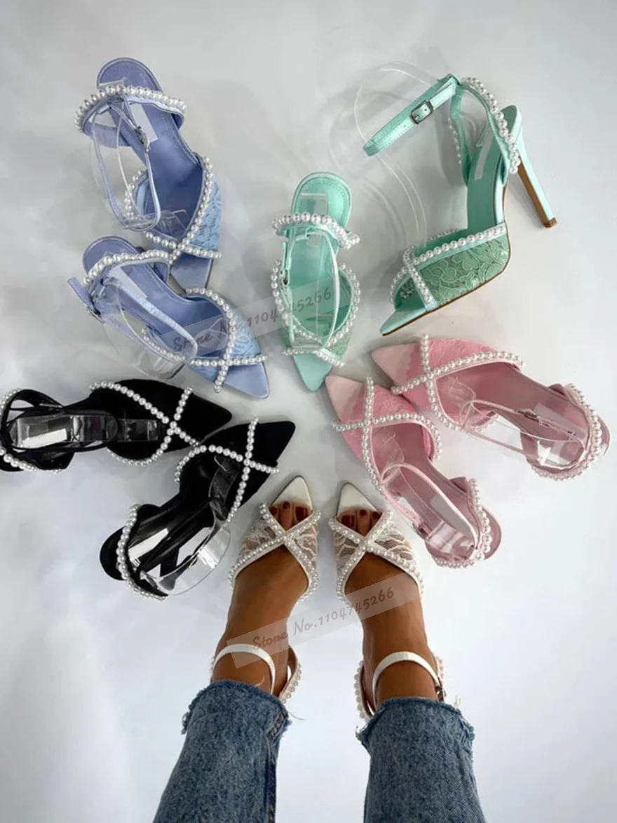 Lace Floral Embroidered Mesh High Heel Sandals White Pearls Embellished Wedding Shoes Pointed Toe Satin Stiletto Heels Pumps
Lace Floral Embroidered Mesh High Heel Sandals White Pearls Embellished Wedding Shoes Pointed Toe Satin Stiletto Heels Pumps