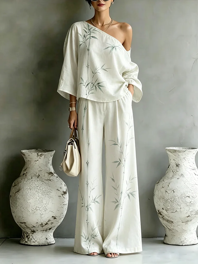 Women's Light Ink Bamboo Print One Shoulder Top & Wide Leg Pants Two Piece Set Minimalist Elegant Outfit For Leisure Occasion
Women's Light Ink Bamboo Print One Shoulder Top & Wide Leg Pants Two Piece Set Minimalist Elegant Outfit For Leisure Occasion