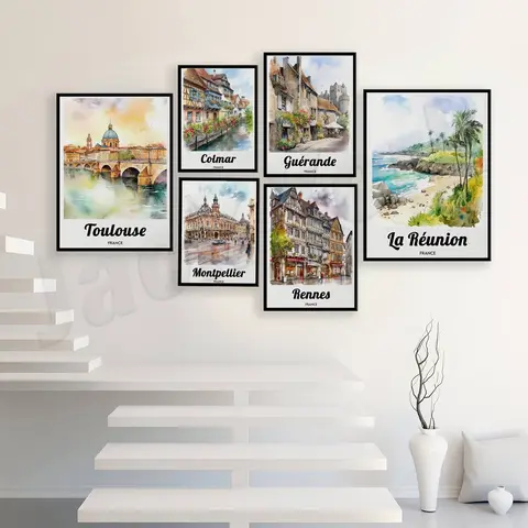 Toulouse, Vosges, Rennes, Brittany, Colmar, Alsace, Montpellier, Lille, Metz, Reunion, La Rochelle, France, itinerary poster