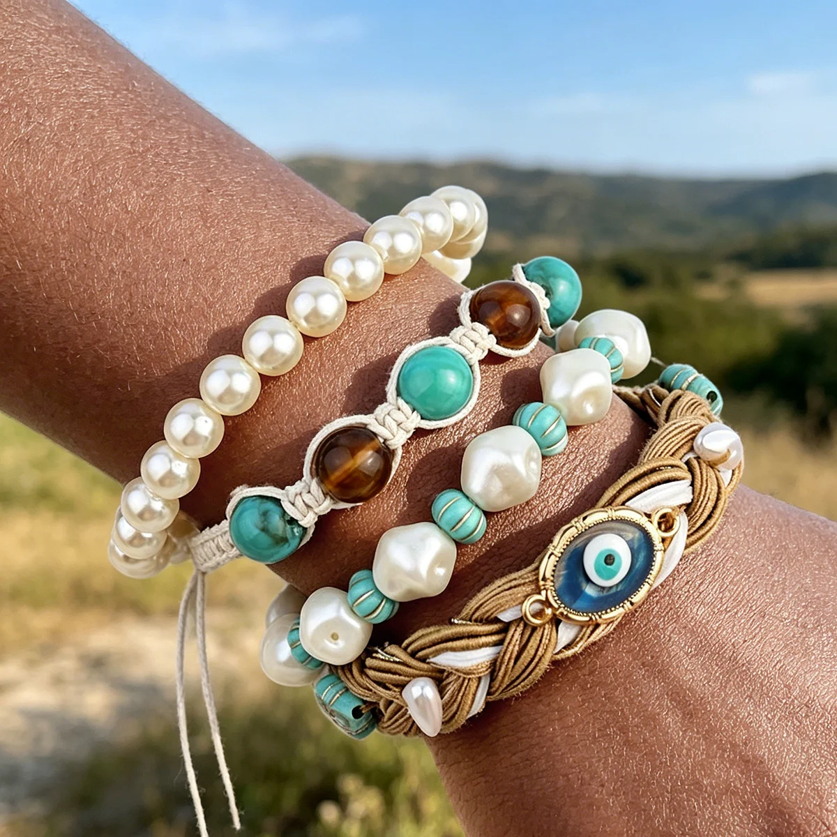 Boho Evil Eye Braided Bracelet Set Faux Pearl Turquoise & Tiger Eye Beads Adjustable String Protection Jewelry For Women
Boho Evil Eye Braided Bracelet Set Faux Pearl Turquoise & Tiger Eye Beads Adjustable String Protection Jewelry For Women