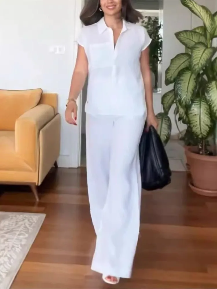 Women Summer Fashion Short-sleeved Pockets Two-piece Sets Cotton Linen Half-cardigan Shirt Wide-leg Pants Elegant Female Outfits
Women Summer Fashion Short-sleeved Pockets Two-piece Sets Cotton Linen Half-cardigan Shirt Wide-leg Pants Elegant Female Outfits