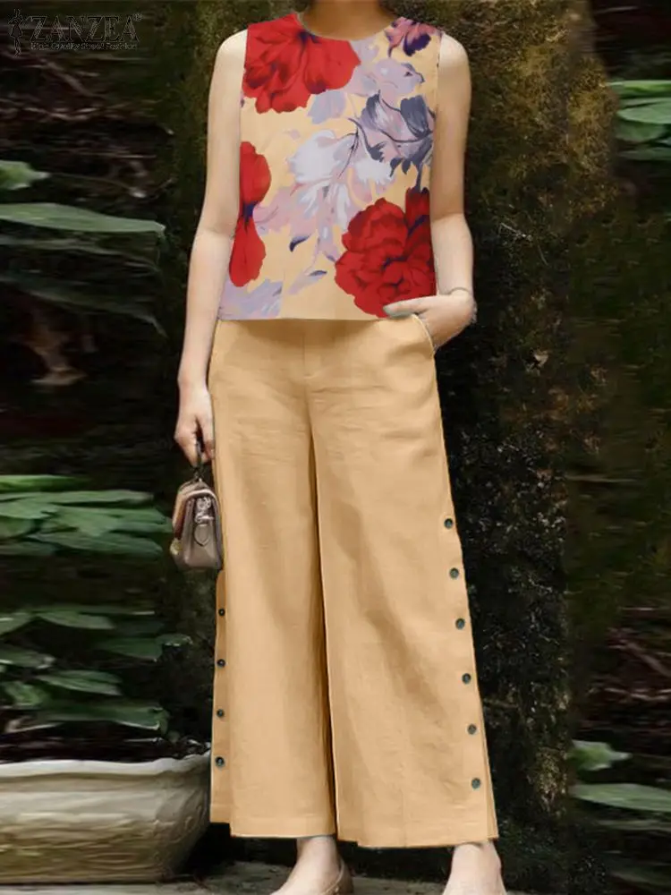 ZANZEA 2pcs Fashion Sleeveless Blouse Wide Leg Pant Sets Summer Women Matching Sets Vintage OL Work Suits Printed Tracksuits
ZANZEA 2pcs Fashion Sleeveless Blouse Wide Leg Pant Sets Summer Women Matching Sets Vintage OL Work Suits Printed Tracksuits