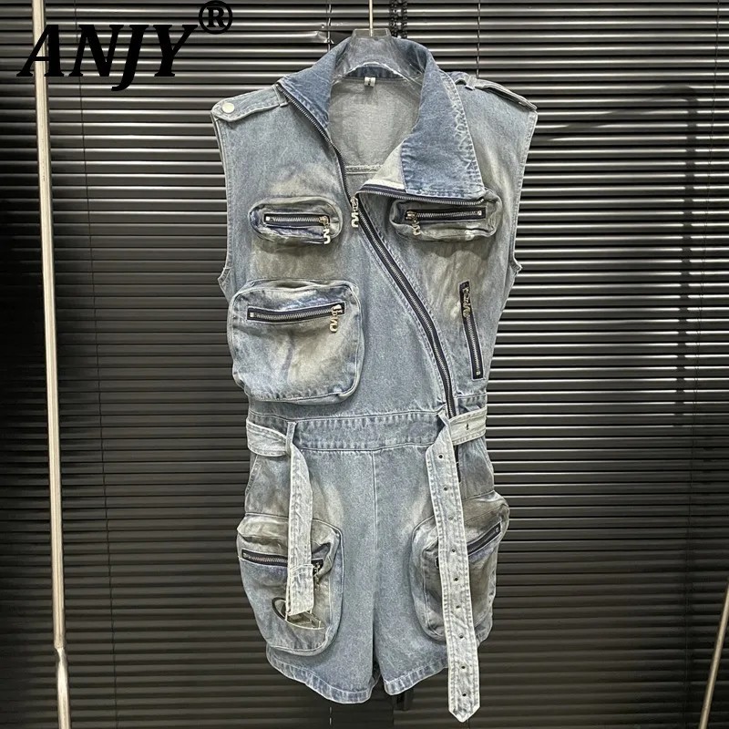 ANJY Summer New Women Streetwear Trendy Vintage Distressed Asymmetry Design Stylish Chic Multi-pocket Short Denim Jumpsuit A7764 
ANJY Summer New Women Streetwear Trendy Vintage Distressed Asymmetry Design Stylish Chic Multi-pocket Short Denim Jumpsuit A7764