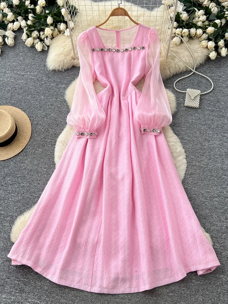 Elegant Long A-Line Dress Women's Korean Style High Waist Slim Fit Heavy Embellished Lantern Sleeve Dress Commute Suitable
Elegant Long A-Line Dress Women's Korean Style High Waist Slim Fit Heavy Embellished Lantern Sleeve Dress Commute Suitable