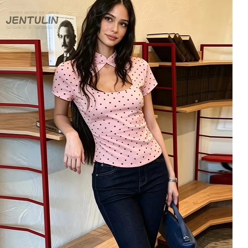 Chic Women's Polka Dot Hollow Out T-shirts Slim Stand Collar Short Sleeve Female Tops Spring Summer Fashion Lady Holiday Shirts
Chic Women's Polka Dot Hollow Out T-shirts Slim Stand Collar Short Sleeve Female Tops Spring Summer Fashion Lady Holiday Shirts