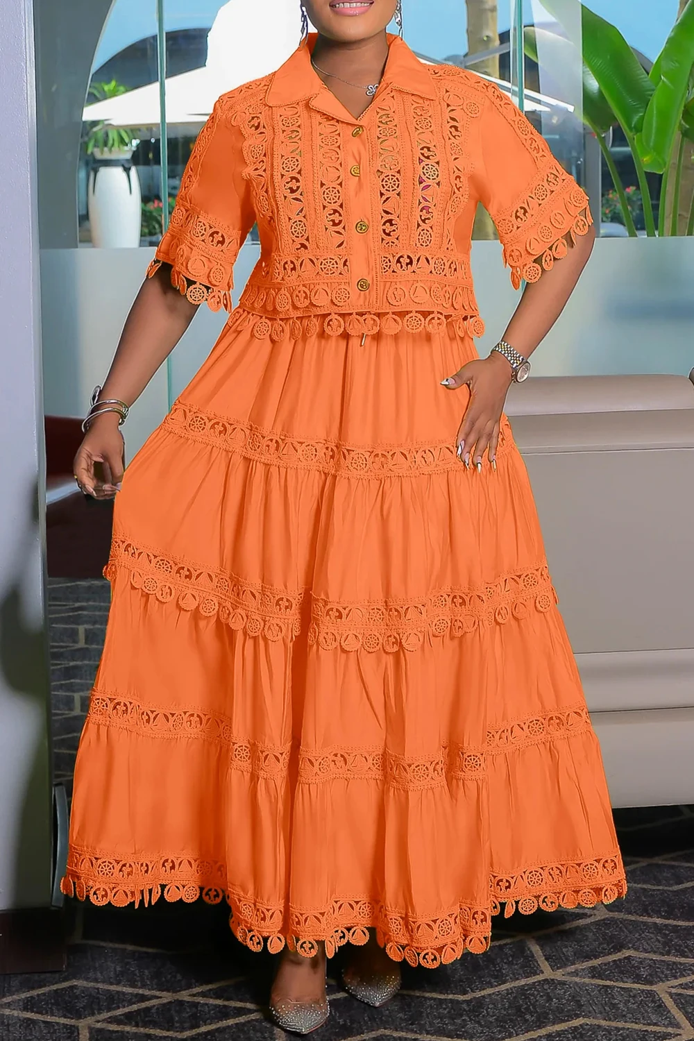 Plus Size Business Casual Orange Shirt Collar Short Sleeve See Through Pocket Lace Two Piece Skirt Sets
Plus Size Business Casual Orange Shirt Collar Short Sleeve See Through Pocket Lace Two Piece Skirt Sets