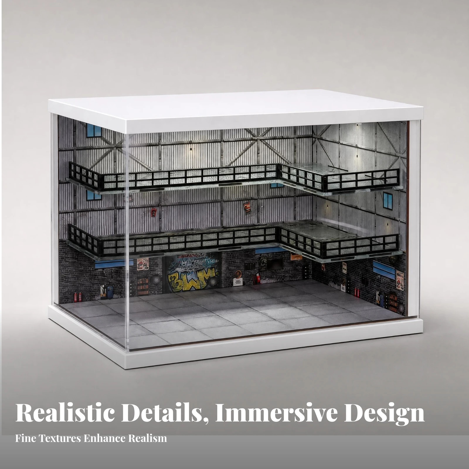1:64 Scale Display Case Black Safety Railings Parking Garage Display Warehouse Diorama White Base
1:64 Scale Display Case Black Safety Railings Parking Garage Display Warehouse Diorama White Base