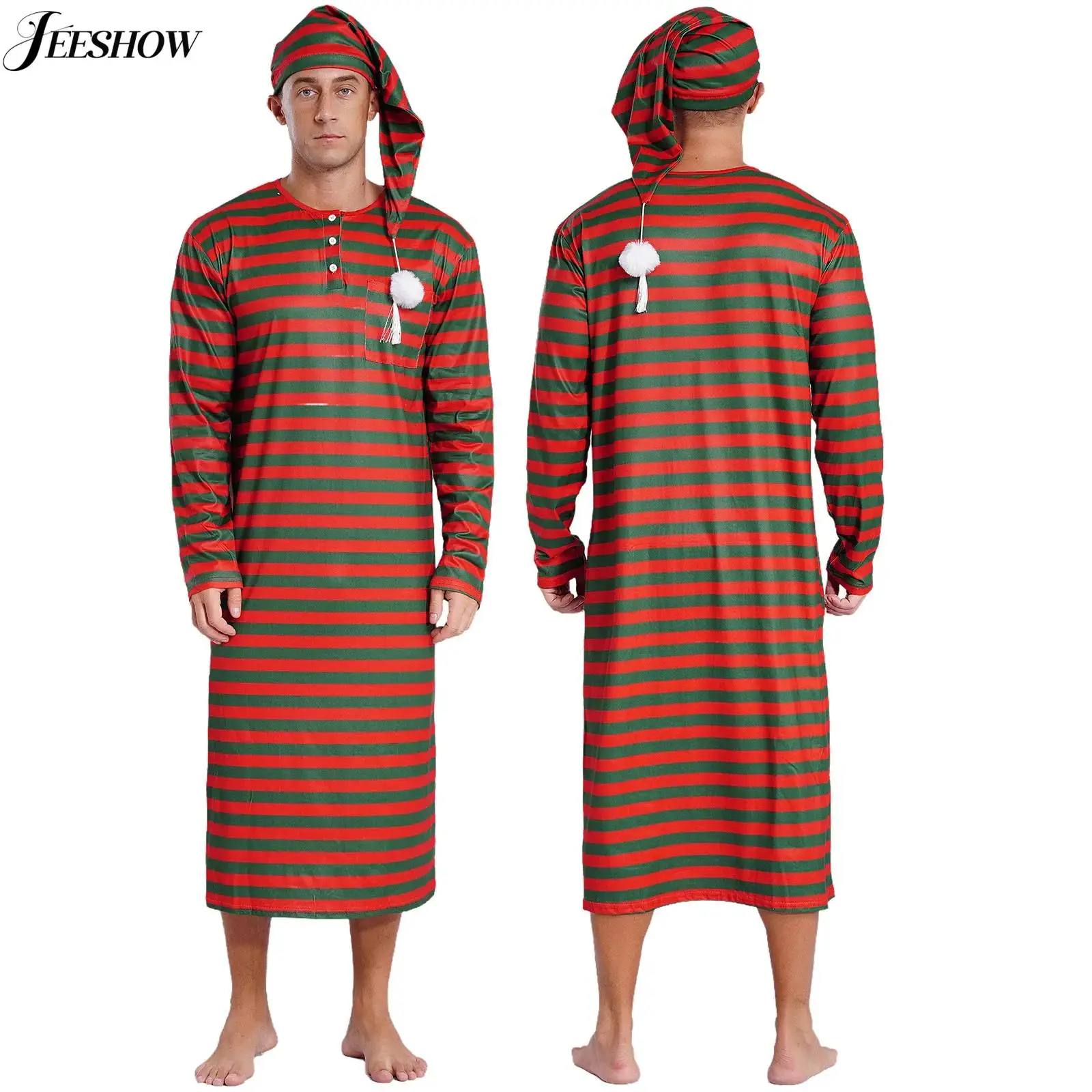 Mens Striped Long Sleeve Nightshirts Sleepwear Round Neck Loose Pajamas Robe Sleepshirt with Night Cap Christmas Loungewear
Mens Striped Long Sleeve Nightshirts Sleepwear Round Neck Loose Pajamas Robe Sleepshirt with Night Cap Christmas Loungewear