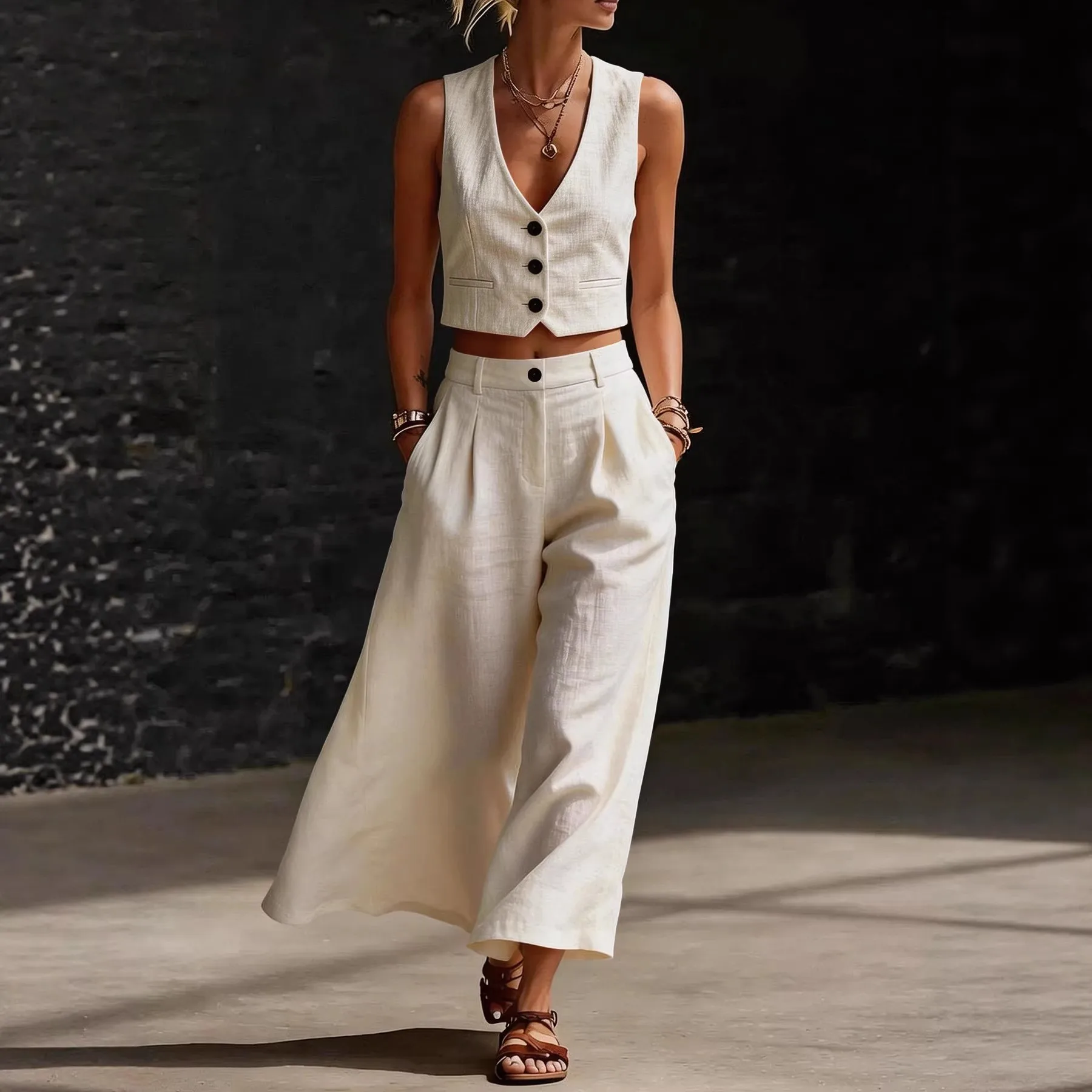 Summer Women's Clothing Two Piece Set V Neck Sleeveless Vest Wide Leg Pants Matching Outfit Nordic Street Polyester Linen Blend
Summer Women's Clothing Two Piece Set V Neck Sleeveless Vest Wide Leg Pants Matching Outfit Nordic Street Polyester Linen Blend