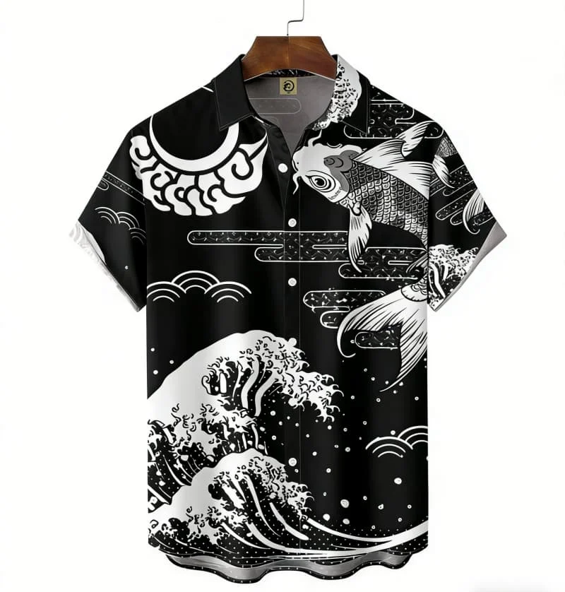 Vintage Nautical Koi Wave Print Short Sleeve Shirt Retro Bold Casual Outfit Wear For Summer Beach And Surf Style
Vintage Nautical Koi Wave Print Short Sleeve Shirt Retro Bold Casual Outfit Wear For Summer Beach And Surf Style