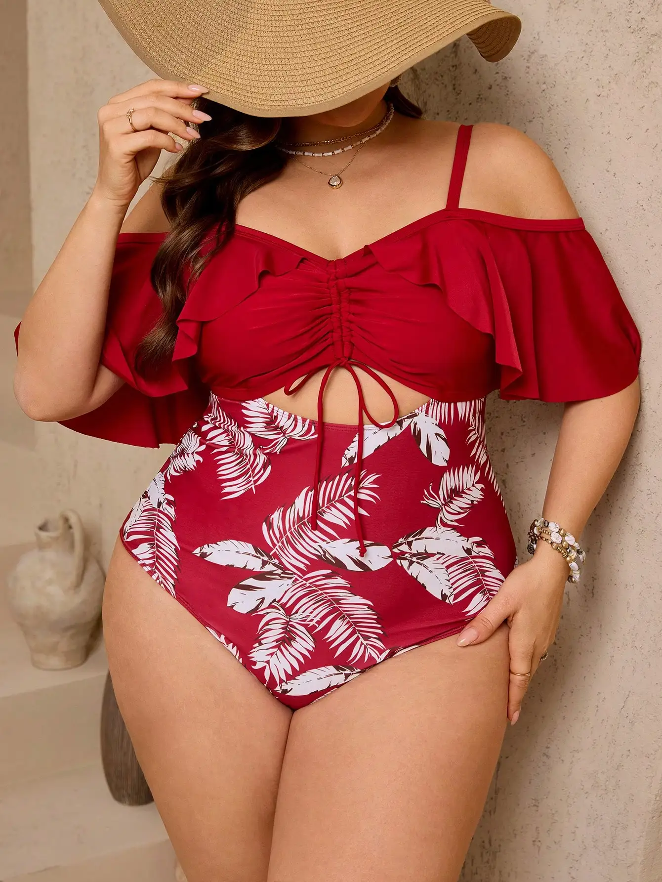 Plus Size Women One Piece Swimsuit Off Shoulder Ruffle Drawstring Tropical Print
Plus Size Women One Piece Swimsuit Off Shoulder Ruffle Drawstring Tropical Print