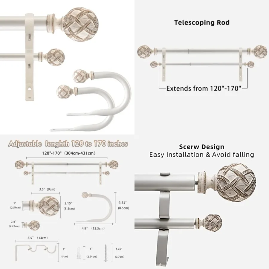 1 Inch Diameter Double Curtain Rod Set for Windows Double Window Treatment Curtain Rod Heavy Duty Adjustable from 120 to 170 In
1 Inch Diameter Double Curtain Rod Set for Windows Double Window Treatment Curtain Rod Heavy Duty Adjustable from 120 to 170 In