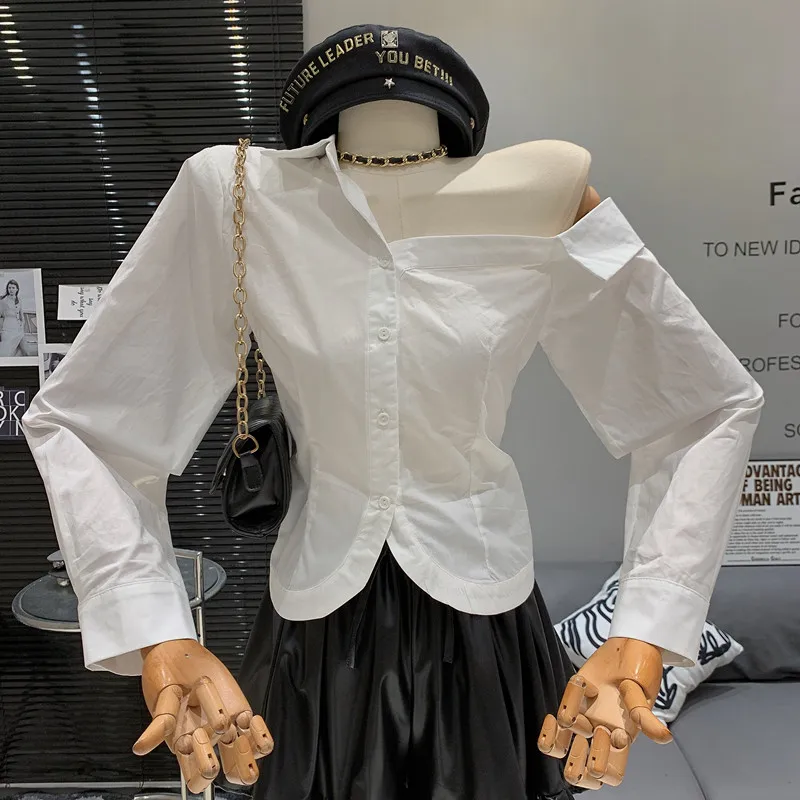 Girl's off shoulder lapel design Fashionable and sexy breasted long sleeved shirt for women's slim fit top
Girl's off shoulder lapel design Fashionable and sexy breasted long sleeved shirt for women's slim fit top