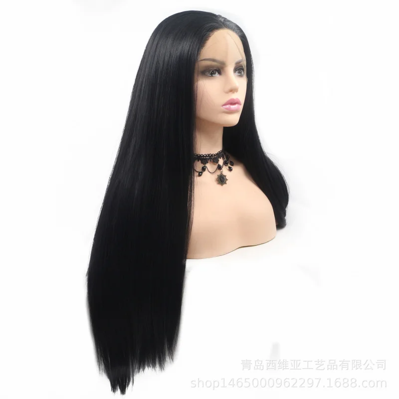 Black full-head synthetic lace front wig with middle parting, high-temperature fiber long straight hair
Black full-head synthetic lace front wig with middle parting, high-temperature fiber long straight hair