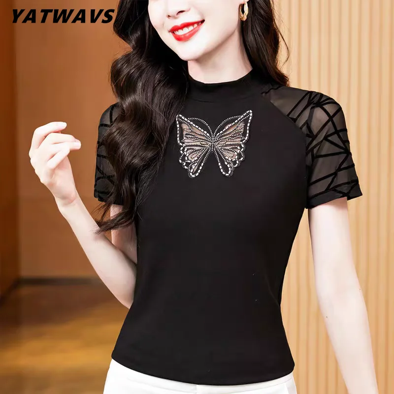 2025 Summer Short Sleeve Women Tees Chic Hollow Out Butterfly Hot Diamonds Designer T-Shirt Sexy Ladies Casual Mesh Tops Blusas
2025 Summer Short Sleeve Women Tees Chic Hollow Out Butterfly Hot Diamonds Designer T-Shirt Sexy Ladies Casual Mesh Tops Blusas