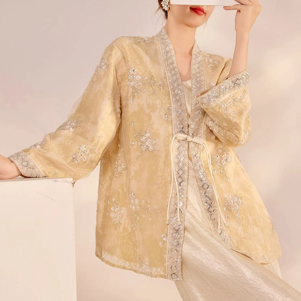 Womens Chinese Style Qipao Tops Beads Sequined Embroidery Hanfu Cardigan Vintage V-neck Coat Elegant Spring Summer New Outerwear
Womens Chinese Style Qipao Tops Beads Sequined Embroidery Hanfu Cardigan Vintage V-neck Coat Elegant Spring Summer New Outerwear