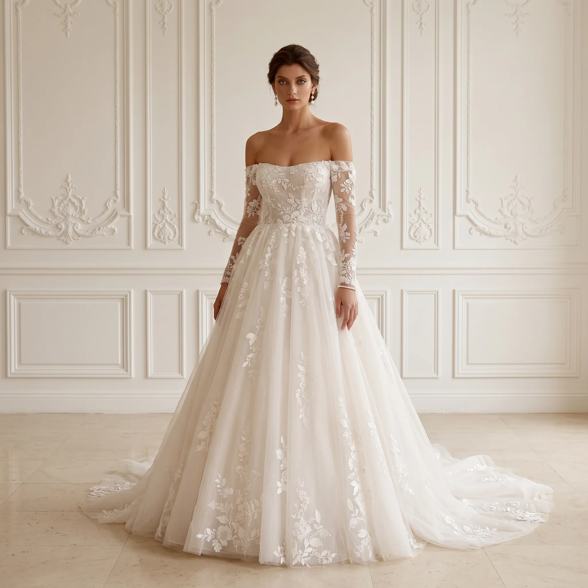 Off Shoulder Long Sleeve A Line Wedding Dress Glitter Tulle Floral Lace Corset Back Chapel Train Bridal Gown
Off Shoulder Long Sleeve A Line Wedding Dress Glitter Tulle Floral Lace Corset Back Chapel Train Bridal Gown