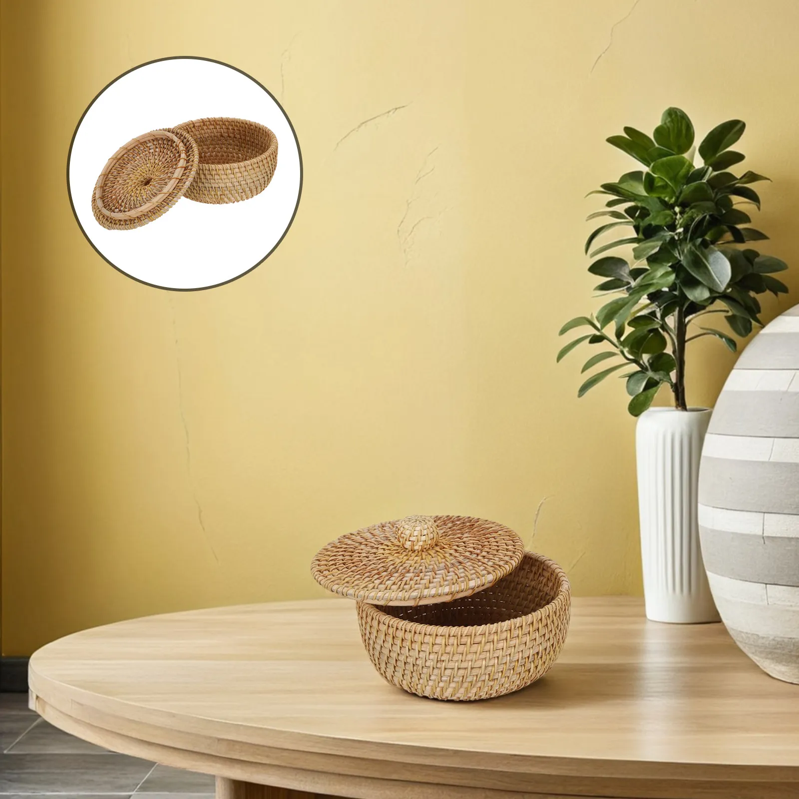 Round Small Handwoven Rattan Storage Basket with Lid 5.9 Inch Diameter 2.8 Inch Height Multi Purpose Woven Basket for Kitchen
Round Small Handwoven Rattan Storage Basket with Lid 5.9 Inch Diameter 2.8 Inch Height Multi Purpose Woven Basket for Kitchen