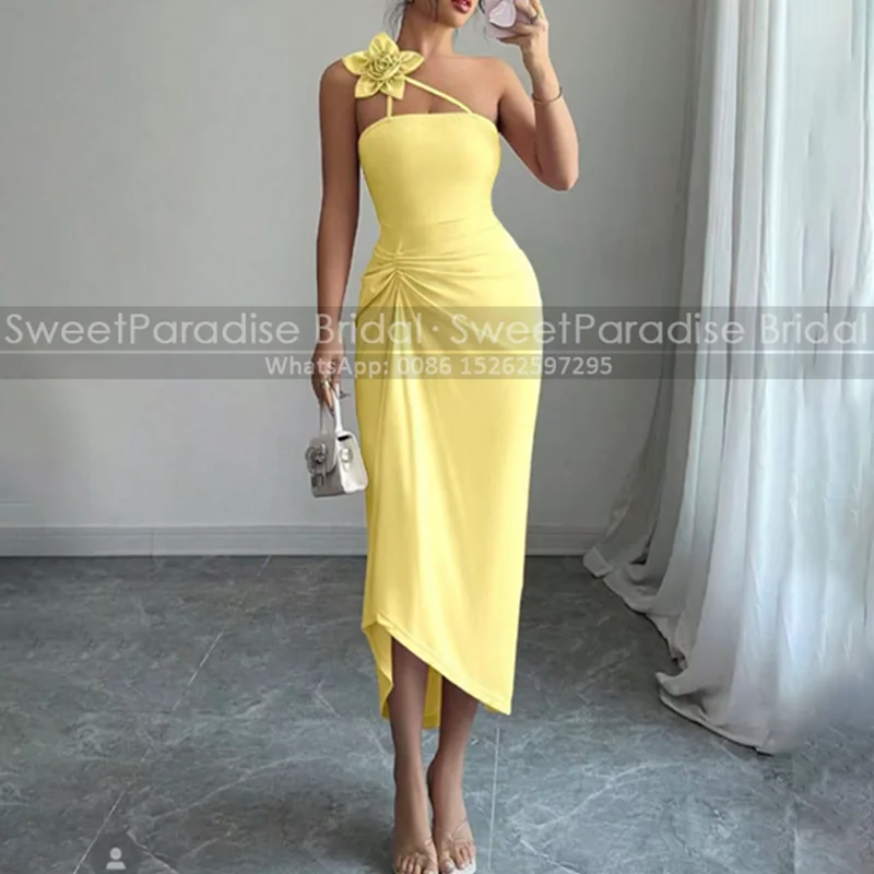 Tea Length Sheath Cocktail Dresses Flower One Shoulder Sleeveless Pleat Mermaid Customized Party Dress For Women
Tea Length Sheath Cocktail Dresses Flower One Shoulder Sleeveless Pleat Mermaid Customized Party Dress For Women