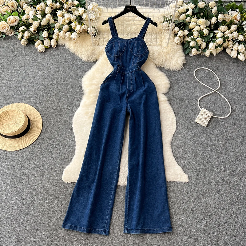 Retro spicy style camisole vest denim jumpsuit 2025 women's summer high waist slimming wide leg floor length pants
Retro spicy style camisole vest denim jumpsuit 2025 women's summer high waist slimming wide leg floor length pants