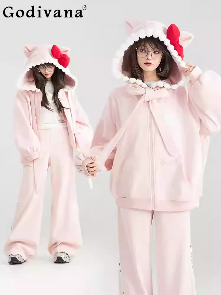 Autumn Winter Pink Cartoon Sweet Long Sleeve Zipper Hooded Jacket Sweater Fashion High Waist Loose Sports Leisure Sweatpants
Autumn Winter Pink Cartoon Sweet Long Sleeve Zipper Hooded Jacket Sweater Fashion High Waist Loose Sports Leisure Sweatpants