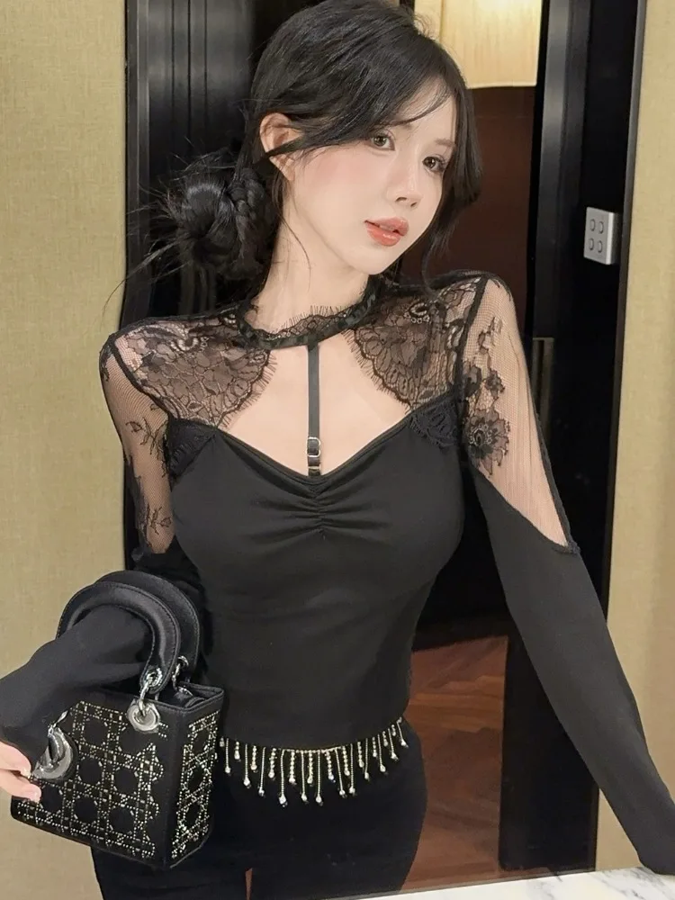 Retro Sexy Black Lace Base Shirt Women's Spring Sexy Hollow out Back See through Necktie Inner Wear Top Commute Style Slim Fit
Retro Sexy Black Lace Base Shirt Women's Spring Sexy Hollow out Back See through Necktie Inner Wear Top Commute Style Slim Fit