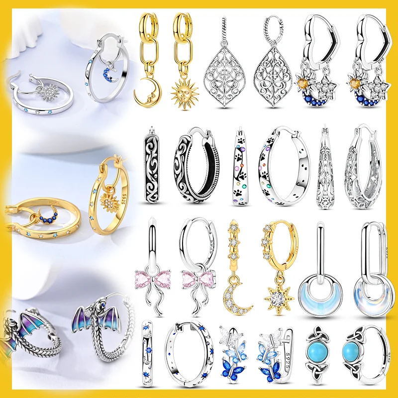 Hot Sale 925 Sterling Silver Hoops Earrings Original Sun Moon Stars Bow Earrings For Women Girls Jewelry Gift
Hot Sale 925 Sterling Silver Hoops Earrings Original Sun Moon Stars Bow Earrings For Women Girls Jewelry Gift