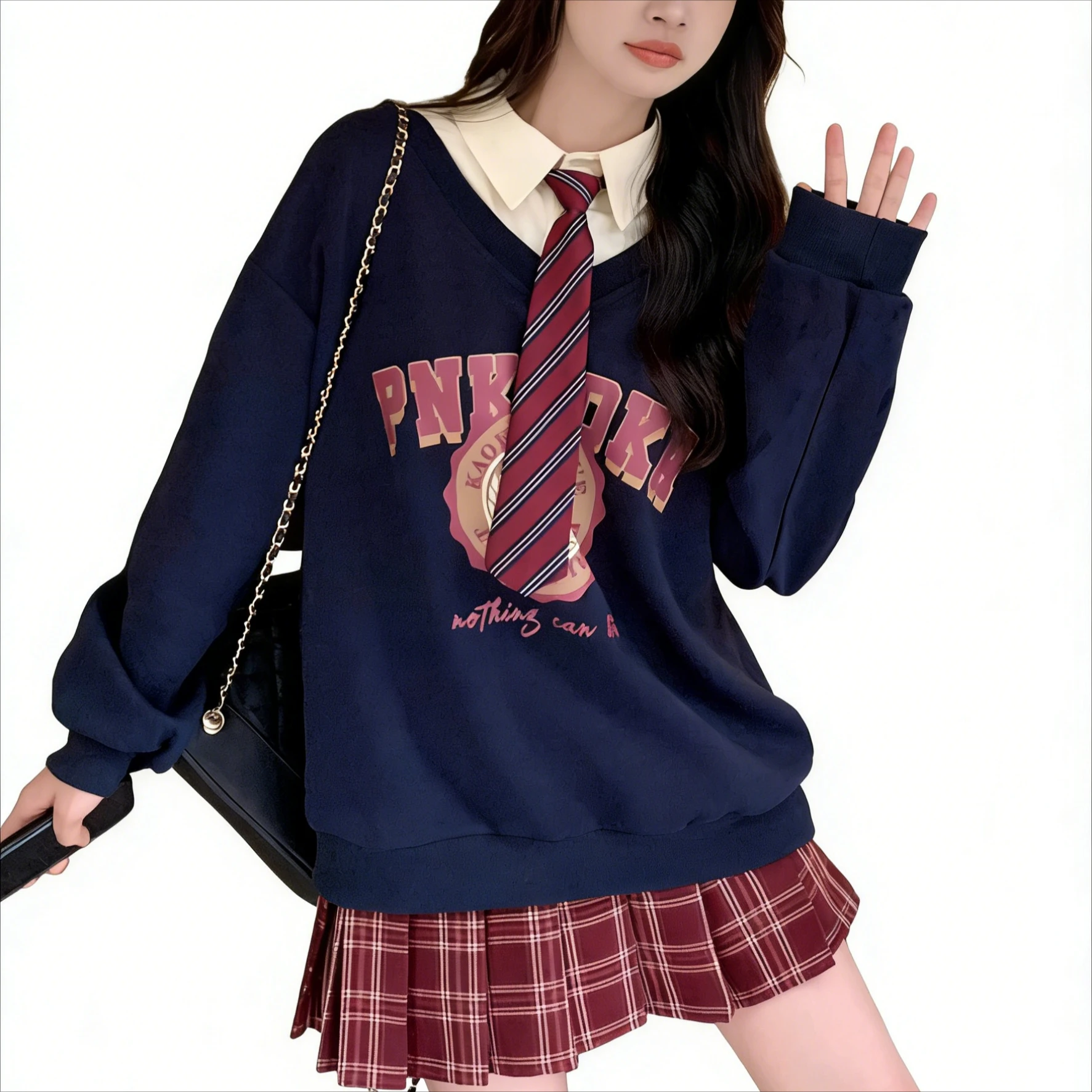 American Preppy Style V-Neck Fake Two-Piece Sweatshirt with Tie Casual Long Sleeve Pullover for Women, Perfect with Plaid Skirt
American Preppy Style V-Neck Fake Two-Piece Sweatshirt with Tie Casual Long Sleeve Pullover for Women, Perfect with Plaid Skirt