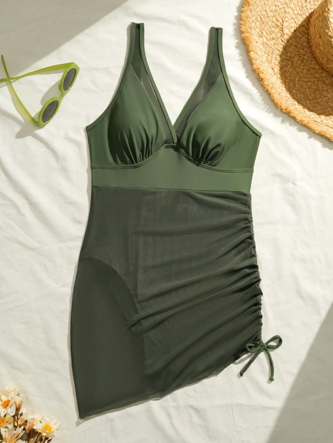 Sexy Deep V Neck One Piece Swimsuit With Sheer Mesh Ruched Side
Sexy Deep V Neck One Piece Swimsuit With Sheer Mesh Ruched Side