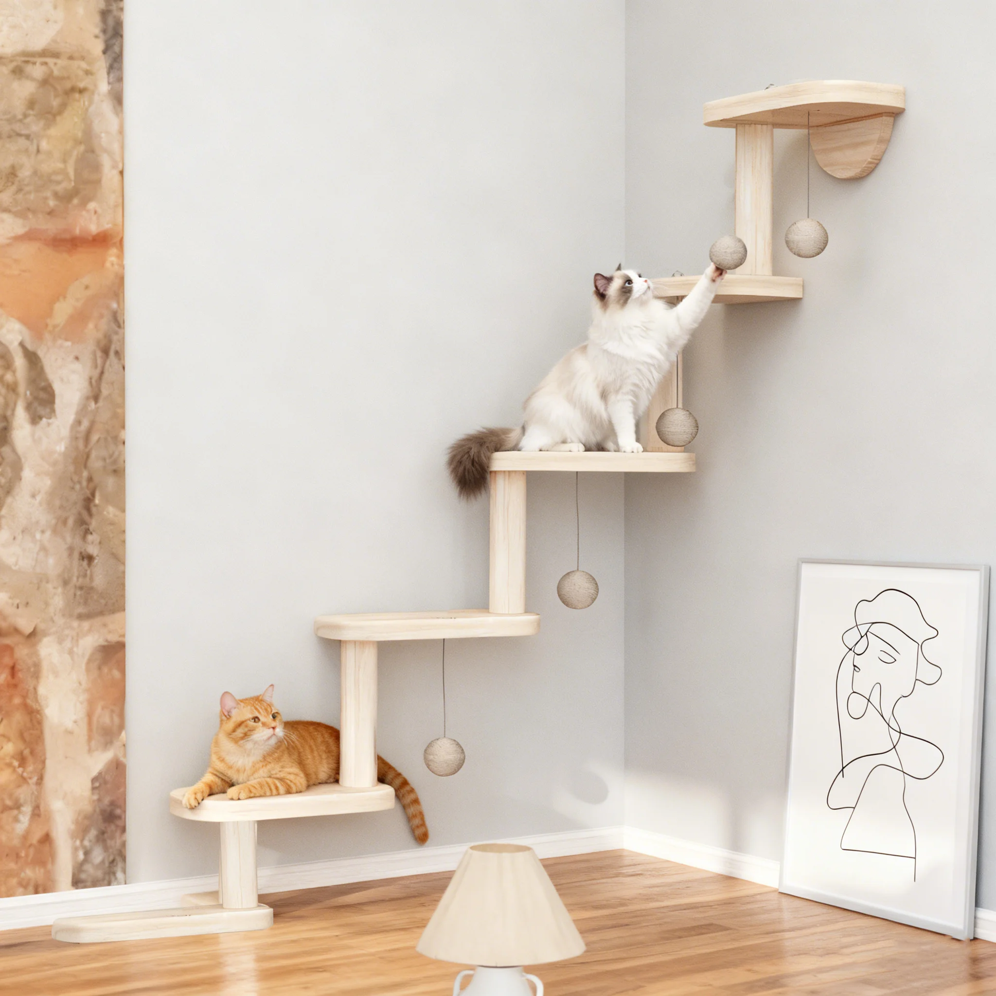 A 6-Level Cat Wall System Featuring 4 Balls - a Solid Wood Multi-Layer Cat Furniture Designed for Indoor Play And Exercise. It C
A 6-Level Cat Wall System Featuring 4 Balls - a Solid Wood Multi-Layer Cat Furniture Designed for Indoor Play And Exercise. It C