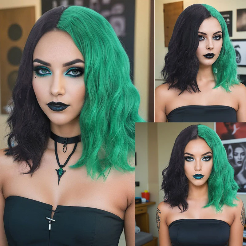 European and American synthetic hair , Halloween party , middle-parted two-tone short curly wigs, green corn perm
European and American synthetic hair , Halloween party , middle-parted two-tone short curly wigs, green corn perm