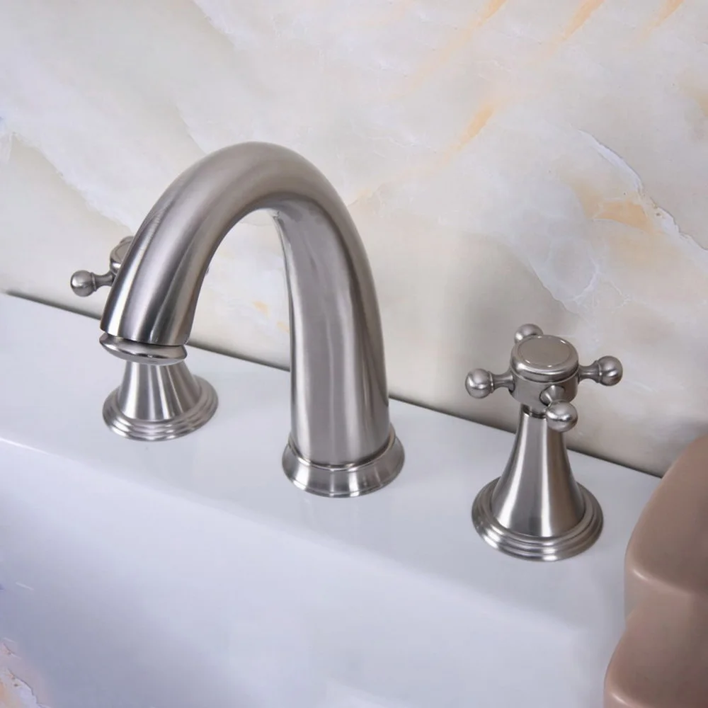 Brushed Nickel 2 Handles Cross Knob Widespread Three Holes 3 Piece Bathroom Faucet Deck Mount Vanity Mixer Sink Tap tbn017
Brushed Nickel 2 Handles Cross Knob Widespread Three Holes 3 Piece Bathroom Faucet Deck Mount Vanity Mixer Sink Tap tbn017