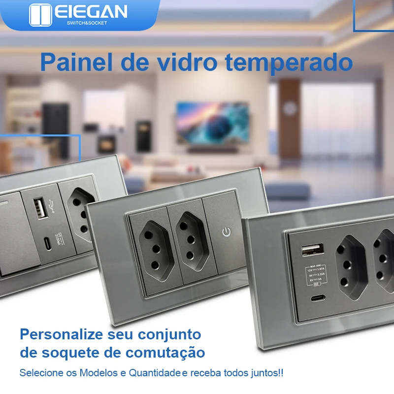 ELEGAN 118mm Grey Brazil Tempered Glass Standard Outlet Dual Usb Type C Wall Socket Light Switch Switzerland 10A 20A Home decor
ELEGAN 118mm Grey Brazil Tempered Glass Standard Outlet Dual Usb Type C Wall Socket Light Switch Switzerland 10A 20A Home decor