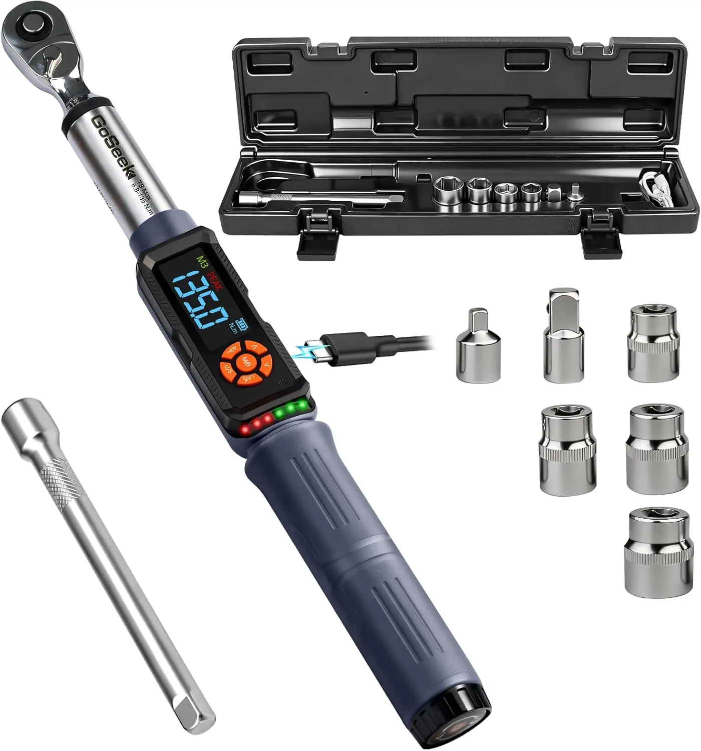Rechargeable Digital Torque Wrench 5-99.6 Ft-lbs/6.8-135Nm 3/8" Drive Electric Wrench Set with Buzzer & LED & Vibration
Rechargeable Digital Torque Wrench 5-99.6 Ft-lbs/6.8-135Nm 3/8" Drive Electric Wrench Set with Buzzer & LED & Vibration