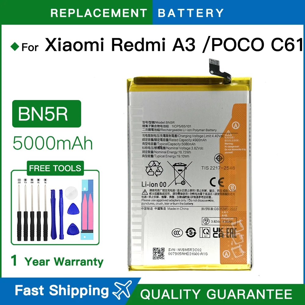 Brand new Original BN5R Battery For Xiaomi Redmi A3 Phone Battery 5000mAh Batteries batteria +Free Tools Fast Shipping
Brand new Original BN5R Battery For Xiaomi Redmi A3 Phone Battery 5000mAh Batteries batteria +Free Tools Fast Shipping
