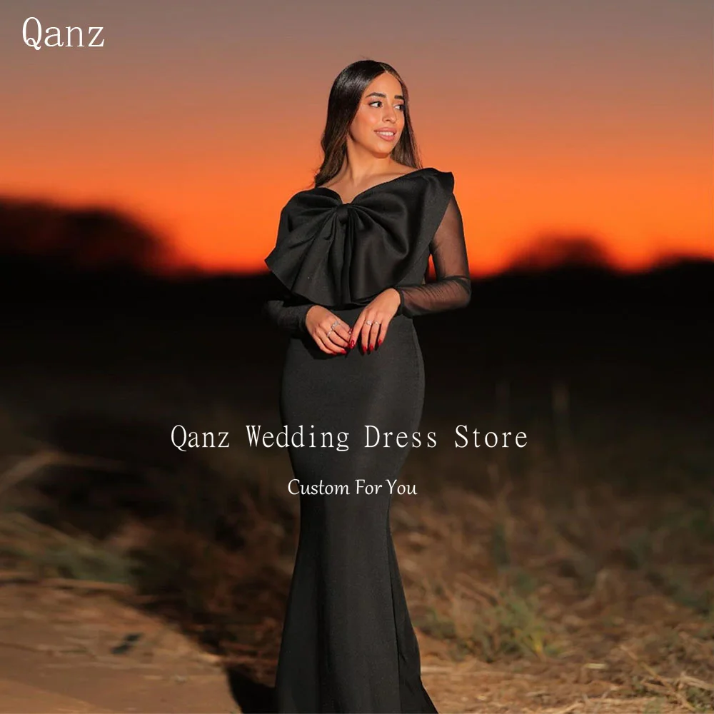 Qanz Sexy Mermaid Prom Dresses Large Bow Black Satin Evening Dresses Sheer Long Sleeves Vestido De Formatura Customized
Qanz Sexy Mermaid Prom Dresses Large Bow Black Satin Evening Dresses Sheer Long Sleeves Vestido De Formatura Customized