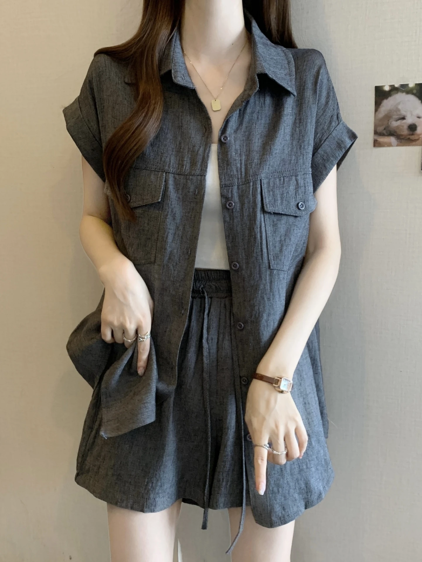 plus Size Women's Summer Casual Fashion Work Shirt And Shorts Set Slimming Meat Covering Two Piece Set Cotton Collar But...
plus Size Women's Summer Casual Fashion Work Shirt And Shorts Set Slimming Meat Covering Two Piece Set Cotton Collar But...