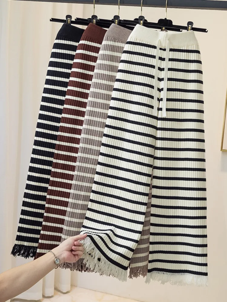 Fall Winter Warm Striped Knitted Long Pant For Women Korea Casual High Quality Wide Leg Tassel Drawstring Knitting Pants 2023
Fall Winter Warm Striped Knitted Long Pant For Women Korea Casual High Quality Wide Leg Tassel Drawstring Knitting Pants 2023