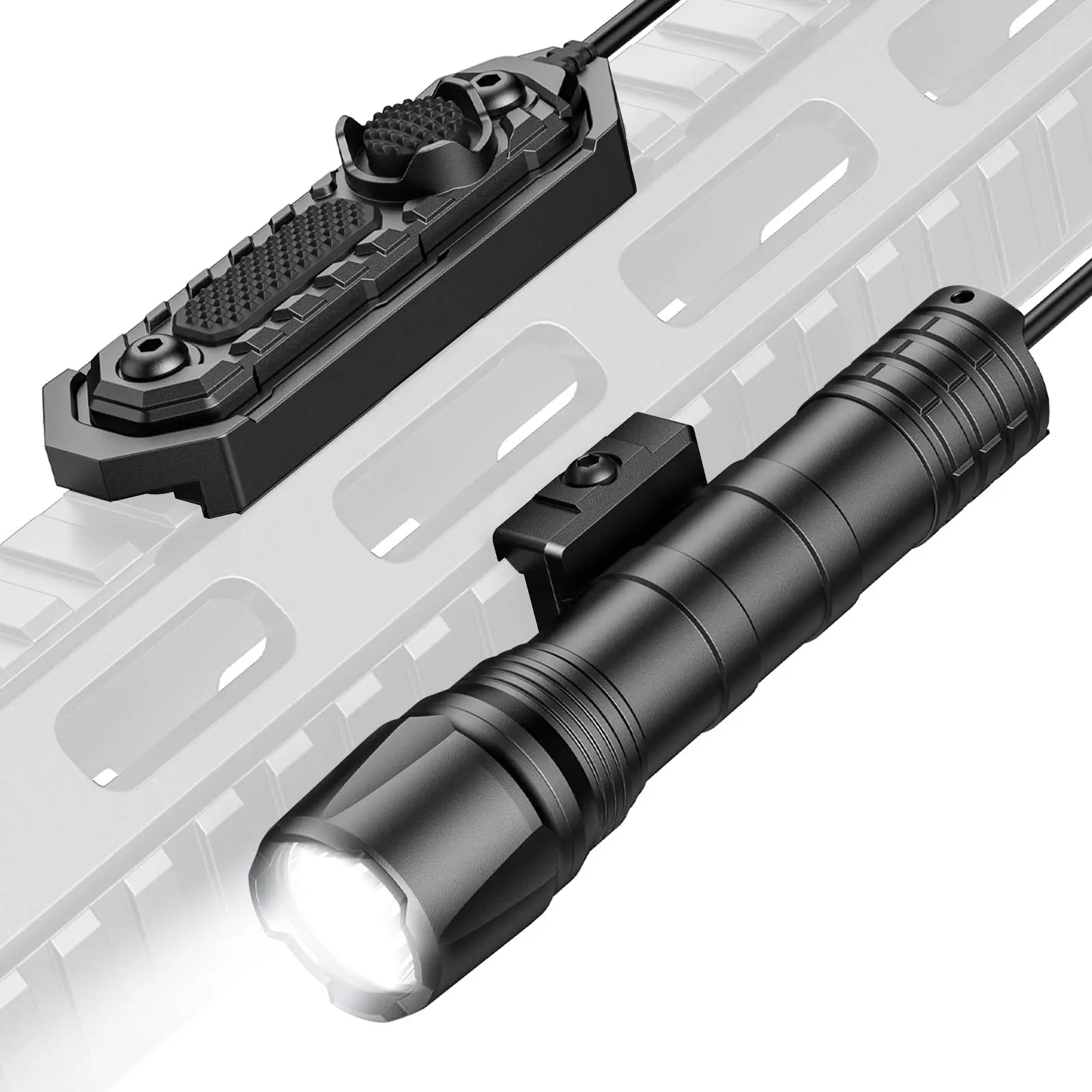 1800 Lumens Hunting Flashlight Rechargeable Light with Strobe Mode Compatible with Picatinny Rail
1800 Lumens Hunting Flashlight Rechargeable Light with Strobe Mode Compatible with Picatinny Rail