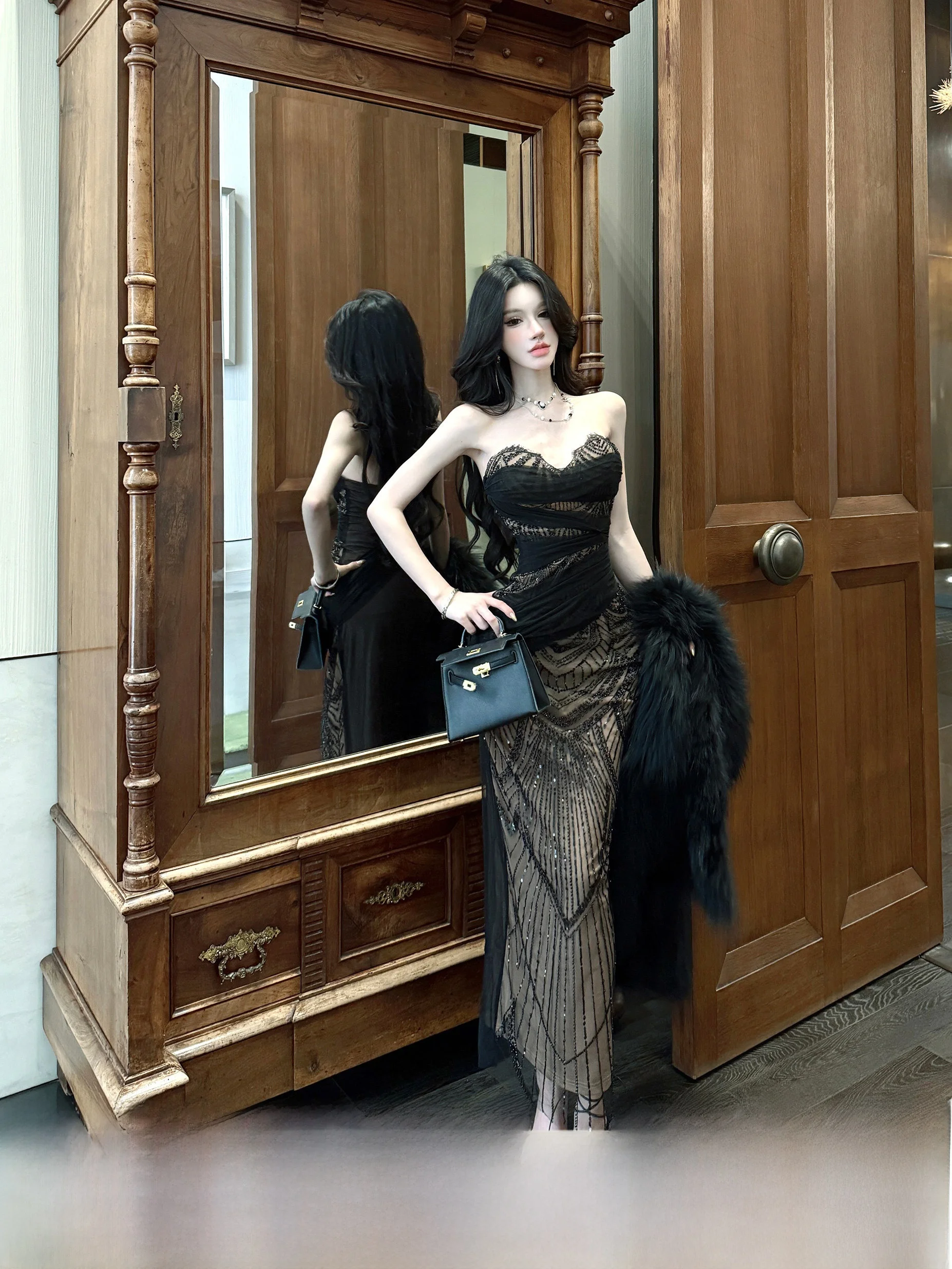 Sexy Dustdip Club Women's Long Skirt with Chest Pad mid Waist Invisible Zipper S-aped Silhouette Net Wrap around Body Dr
Sexy Dustdip Club Women's Long Skirt with Chest Pad mid Waist Invisible Zipper S-aped Silhouette Net Wrap around Body Dr